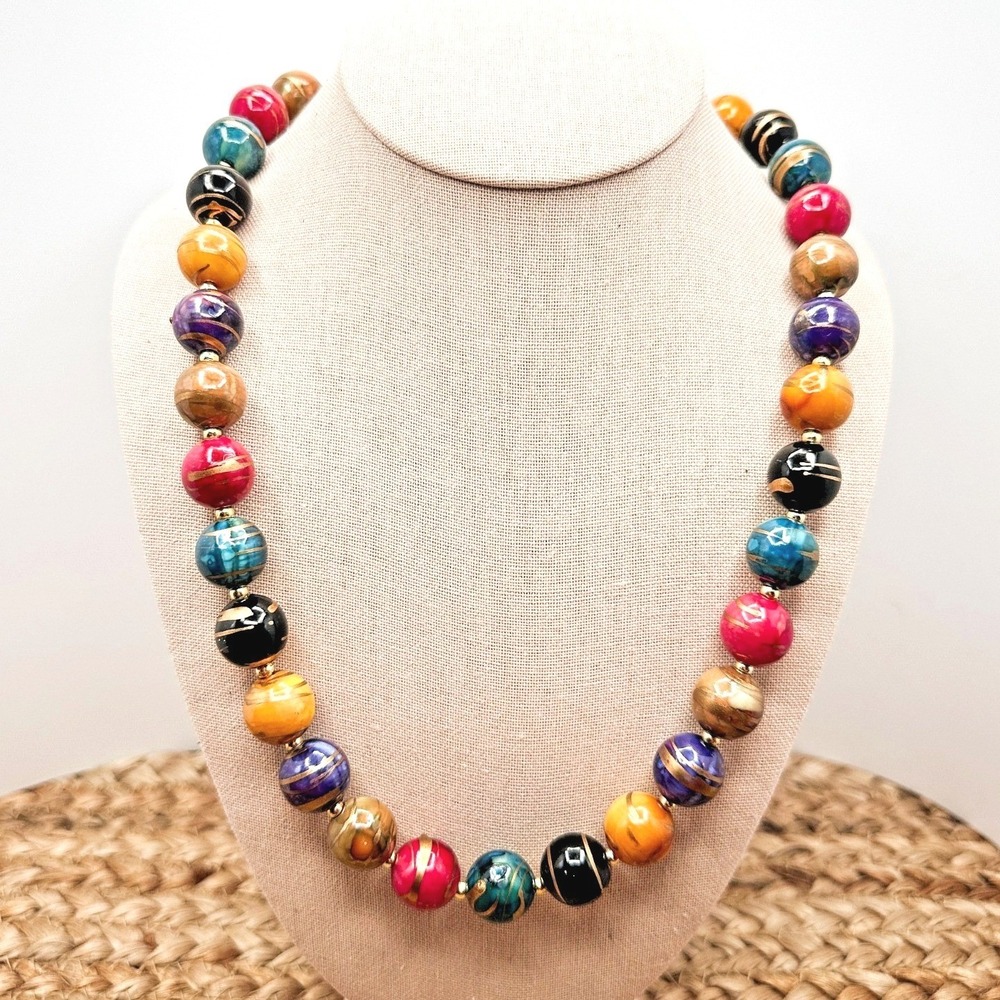 Vintage 80s 90s Multicolor Acrylic Beaded Necklace Magenta Teal Purple Retro 30" - Picture 2 of 6